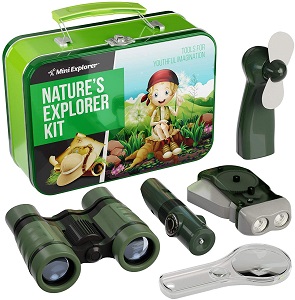 Outdoor Toys for Camping - Outdoor Nature Explorer Kit for Kids with Binoculars, Compass, Flashlight, Handheld Fan, Magnifying Glass, and more. Check out this great exploration kit idea for kids so your children can have fun in the great outdoors.