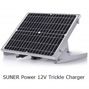 20W, Waterproof battery trickle charger to keep your battery charged and ready for use. SUNER Powwer Solar 12V Trickle Charger. This solar battery charger is perfect for charging all 12V type batteries used for cars, portable generators, gates, boats, motorcycle, etc.