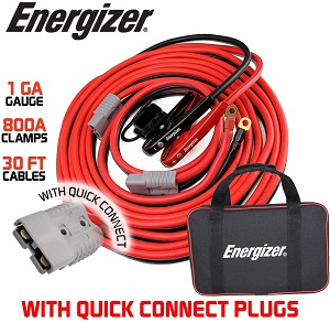 Extra long quick connect jumper cables with tangle free cables. These 30 ft. portable battery jumper cables allow you to boost a battery from behind a vehicle. And the cables remain tangle free even down to -40 degrees. Heavy duty cables with quick connect kit that are great for use by tow trucks.