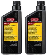 Two quart bottles of bar and chain oil. Oregon Bar Oil for Chainsaws; Gas, Electric and Cordless.