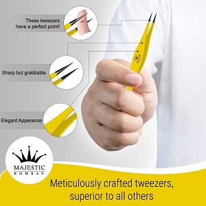 Majestic Bombay pointed sharp needle nose surgical tweezers with ultra strong grip for plucking the tiniest of eyebrow hairs, chin hairs and more.
