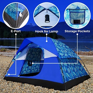 Alvantor 4 Person Family Camping tent with electrical access port.  Convenient internal storage pockets and hook for lamp inside this comfortale tent.