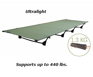 Lightweight DESERT WALKER Portable Outdoor Green Camping Cots Bed with Storage Bag. Even though it is an ultralight camping cot it supports up to 440 lbs. in weight capacity.