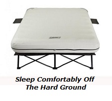 Coleman Framed Queen Airbed Mattress Cot raised on folding frame with side tables and 4D Battery Pump good for camping or alternative guest bed ideas in your home. One of the best camping mattress for couples