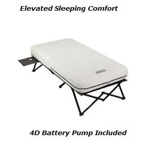 First Class Coleman Portable Framed Twin Airbed Mattress Cot with Legs for camping or in home use with side table and 4d battery pump. Supports up to 300 lbs weight capacity.