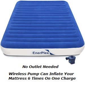 EnerPlex Luxury Queen Size Air Mattress with wireless pump for camping, home. This Queen air mattress 9 inch low profile space saving air mattress is great for adults, children and seniors.