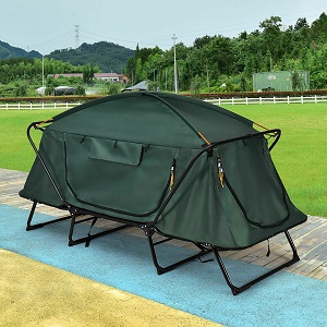 Best Enclosed Elevated Cot tent single one person folding tent cot with mesh storage bag that is elevated 12 inches off the ground.