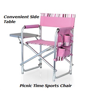 Picnic Time Portable Aluminium Folding Sports Directors Chair with Attached Side Table, zippered security pocket and insulated bottled beverage pouch, 300 lbs. weight capacity.