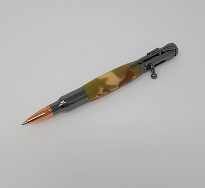 Unique Handmade Bolt Action Pen with Camouflage for the Camper that has everything. Distinct, special gift for your outdoorsmen father, grandpa, retirement party, physician or special friend.