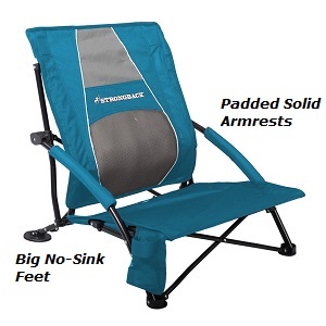STRONGBACK Low Gravity Beach, Camp Chair with Lumbar Support, 300 lb. weight capacity, low to ground.