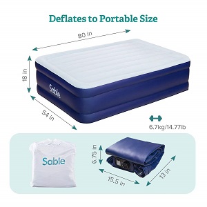 Sable Inflatable Queen Air Bed Mattress with Built-in Electric Pump, Raised Blow Up Queen Mattress with Storage Bag.