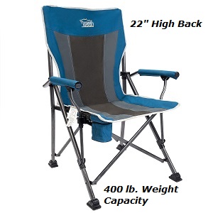 Timeber Ridge High Back Heavy Duty Folding Quad Camping Chairs with Padded Armrest, cup holder, oversized seat and supports up 400 lbs. in weight capacity.