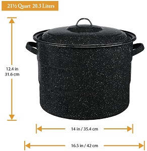 Large canning pot with jar rack and lid. Also includes 5 piece canning tool set. Granite Ware 21.5 qt water bath canner with jar rack and lid. Perfect for use in preserving, by canning, fruits, pickles, relishes, jams, jellies, marmalades and salsa.