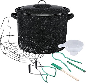 Granite Ware 21.5 qt Water Bath Canner, canning pot with jar rack, lid and canning tool set. Safely transport your water bath canner using the side loop handles. The surface of the Granite Ware water bath canner is inert and naturally nonstick.