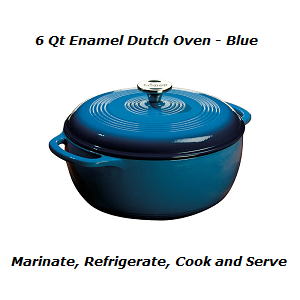 Blue Enameled Cast Iron Dutch Oven, 6 quart capacity. great in the kitchen or while camping. The smooth glass surface of this enamel dutch oven in blue won't react to ingredients.