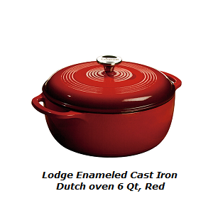 Lodge Enameled Cast Iron Dutch Oven, 6 qt, Red. Stainless Steel knob on lid of this dutch oven. Dutch oven comes in other colors and sizes than 6 qt.