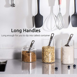 Kitchen Measuring Spoons, Stainless Steel - Sturdy stainless steeel measuring spoons for cooking ingredients. These spoons have a long handle and a hole at the end of the handle for convenient hanging. 