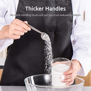 Thicker Long Handled Measuring Spoon Set - handles won't bend or break as easily as plastic handled measuring spoons. Measurements engraved on the long stainless steel handles for easy viewing.