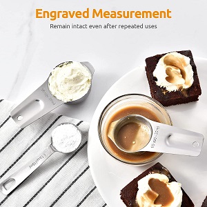 Engraved Long Handled Measuring Cups and Spoons Set - stainless steel handles won't bend or break as easily as plastic handled measurement utensils. Measurements engraved on the long stainless steel handles for easy viewing.