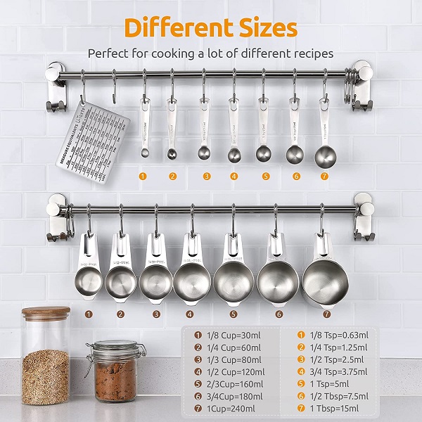 Measuring Cups and Spoons sizes - some hard to find sizes that you will enjoy using.  Nested cups and spoons for easy storage