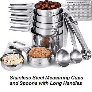 stainless steel measuring cups and spoons, 7 measuring cups and 8 measuring spoons set by U-Taste. Includes 2 D-rings and 1 measurement conversion chart.  They are stainless steel with sturdy long handles. Engraved measurment on handles.