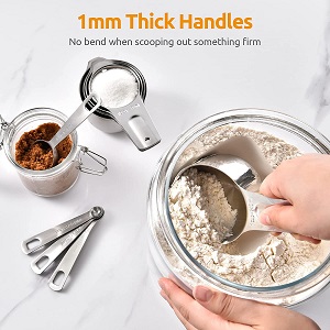 Kitchen Measuring Cups and Spoons, Stainless Steel - Sturdy stainless steeel measuring cups and spoons for measuring your cooking ingredients. These cups and spoons have a long handle and a hole at the end of the handle for convenient hanging. 
