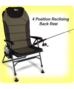Earth Products Foldable Outdoor Fishing Chair with rod rest. It's adjustable front legs make it a perfect chair for bank fishing.
