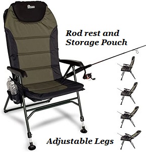 Comfortable adjustable leg chair with rod holder to use while bank fishing. Includes rod rest holder, drink holders and zippered storage pouch as fishing chair attachments.