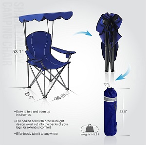Alpha Camp folding camping chair with shade canopy, padded armrests and cup holders.