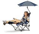Reclining Folding Camping Chair with Footrest, extra wide seat, umbrella canopy sunshade, insulated pocket and cup holder.