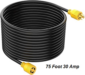 75 foot 30 Amp Generator Extension Cord. This long generator extension cord is perfect for emergency portable generators to power your home, shop, entire house and manual transfer switch when you want to sit your generator further away from your house.