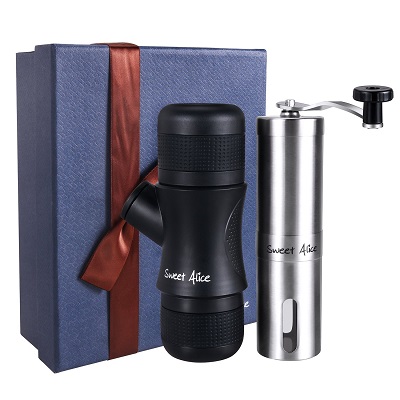 Portable Mini Espresso Maker & Manual Coffee Grinder Gift Set Handheld Pressure Coffee Machine makes an awesome gift for Campers, Hikers, Home Office, Travel, Outdoor Activities.