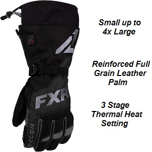 FXR Heated Snowmobile Gloves for  Men to provide warmth while snomobiling in cold weather. These heated gloves will keep your hands toasty warm and dry while snowmobiling the trails.
