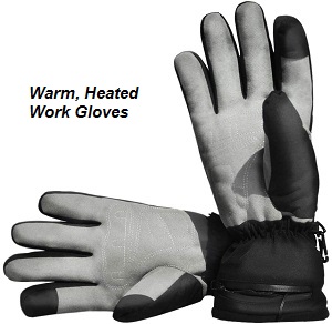 Waterproof, Windproof, Heated Work Gloves for men and women in Heated Clothing. These heated gloves have heating elements to cover the palm, back of hand and every finger to the tip including the thumb. Made for keeping your hands and fingers warm on cold, winter days while doing that outside work you need to get done.