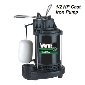 Wayne 1/2 HP Cast Iron Submersible Sump Pump with vertical float switch. 