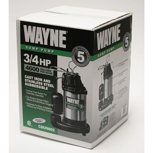 Wayne 3/4 HP Cast Iron and Stainless Steel Submersible Sump Pump with vertical float switch. 