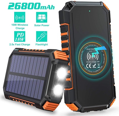 Solar Charger with 4 Outputs and LED Flashlight for Hiking, Camping, Backpacking, Hiluckey. 26800mAh, 10W Max Wireless Power Bank.
