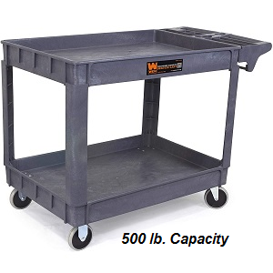 Large service rolling utility cart. This WEN extra large service rolling utility cart with two shelves is perfect for kitchen items, cleaning supplies, teachers, garage work space, grocery items, etc. Heavy duty cart with 500 lb. weight capacity.