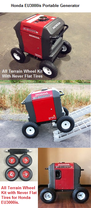 4 Wheel Kit for Honda EU3000is Generator. Shop All Terrain Wheel Kit that fits Honda Model EU3000is Generator with Solid Never Flat Tires.