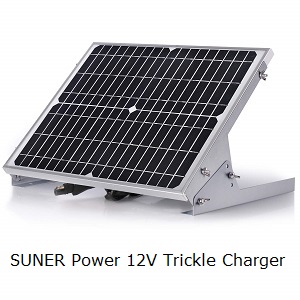 Solar 20W, Waterproof battery trickle charger to keep your battery charged and ready for use. SUNER Power Solar 12V Trickle Charger. This solar battery charger is perfect for charging all 12V type batteries used for cars, portable generators, gates, boats, motorcycle, etc.