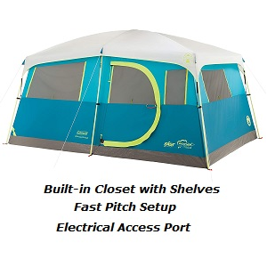 Coleman Tenaya Lake 8 Person Fast Pitch Cabin Tent with Closet with Shelve and electrical port for electrical cord access.