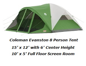Coleman Evanston 6 person and 8 person attached screened room camping tent with porch and floor for family fun. Tents with 4 large windows and a screen porch.