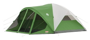 Coleman Evanston 8 camping tent with 4 windows and screened porch with floor for up to 8 people.