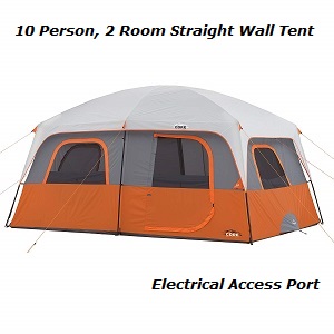 Straight Wall Cabin Tent with Electrical Access Port, Sleeps 10 people, center height 68 inches.