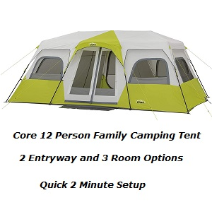 Core 12 Person Large Family Camping Tent with multiple rooms from room dividers, 2 doors and Sleeps up to 12 Persons.
