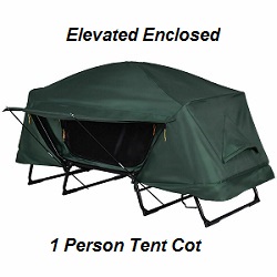 Camping tent cot, foldable, elevated. You sleep 12 inches off the ground in this enclosed tent cot.