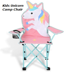 Unicorn Design Kids Folding Beach Camp Chair with Umbrella and Carry Bag in Blue.