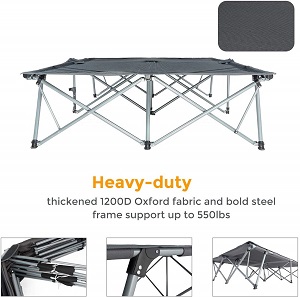 If you are a heavy weight person you will enjoy this double camping cot bed for two while on your outdoor adventures. This oversized double cot bed is 84.5 inches x 55 inches giving you plenty of room for two people to sleep comfortably.  The weight capacity is 550 lbs. on this double camping bed by KingCamp.