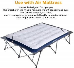 For a more comfortable night's sleep, add an inflatable mattress to this camping cot bed for two shown here. Sleep comfortably with your mate or if you just like more room for yourself you will enjoy this double cot bed by KingCamp.