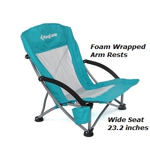 Low profile folding beach chair the KingCamp Low Sling Beach, Camping, Concert Low Folding Chair with Mesh Back with Wide Seat of 23.2 inches. Low to the ground chair with big leg cup feet that gives you stability even in sand.